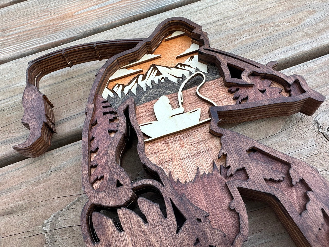 Sasquatchin detail: layered wood craftsmanship revealing dimensional depth