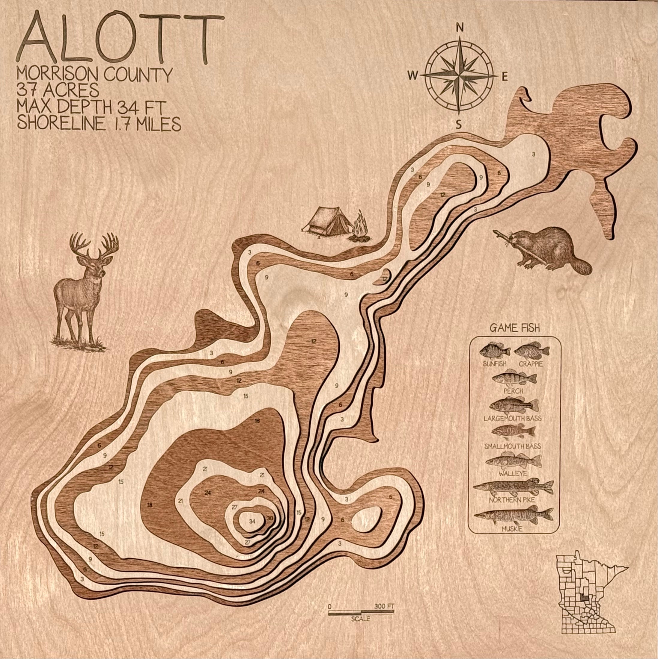 Alott Lake depth map showing shoreline and structure – laser cut into Baltic Birch by Laser Lakes