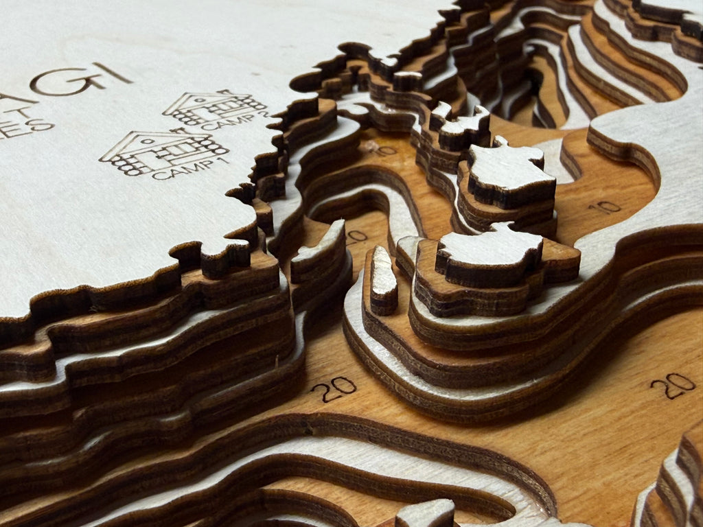 Wooden topographic model with laser-cut details on a white background
