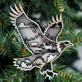 Bald eagle in flight among the trees – intricate laser cut wood ornament by Laser Lakes