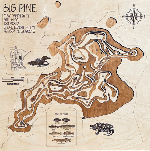 Big Pine Lake – shaped like an elephant's head – laser cut depth map by Laser Lakes