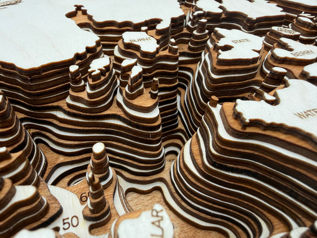 Burntside Lake depth map detail – layered Baltic Birch, laser cut | Laser Lakes