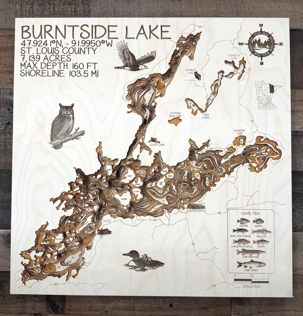 Burntside Lake – St. Louis County, Minnesota – Laser Cut Wood Lake Depth Map | Laser Lakes