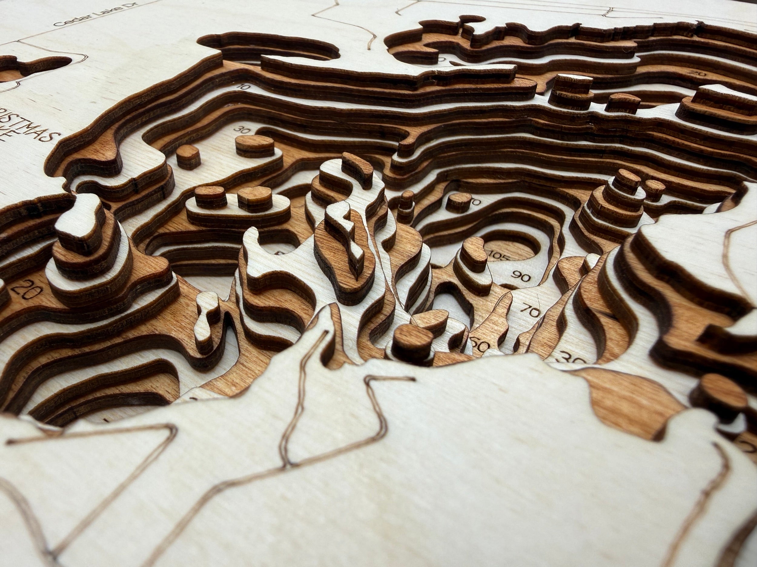 Cedar Lake depth map detail – layered Baltic Birch, laser cut | Laser Lakes