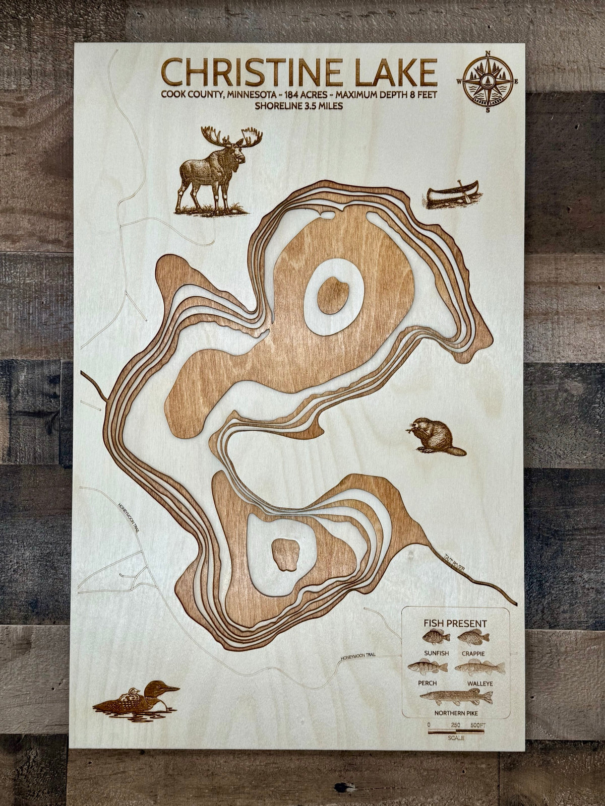 Christine Lake Map – Cook County, Minnesota – Laser Cut Wood Lake Depth Map | Laser Lakes