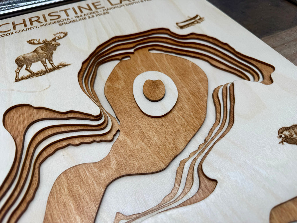 Christine Lake depth map detail – layered Baltic Birch, laser cut | Laser Lakes