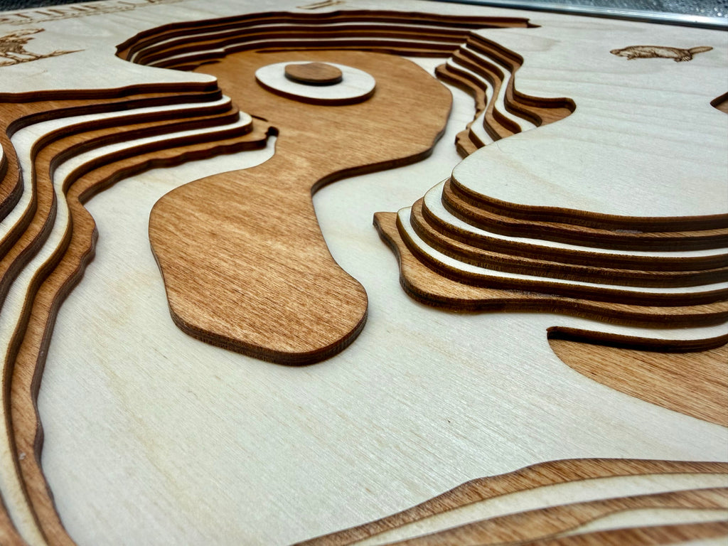 Christine Lake depth map detail – layered Baltic Birch, laser cut | Laser Lakes