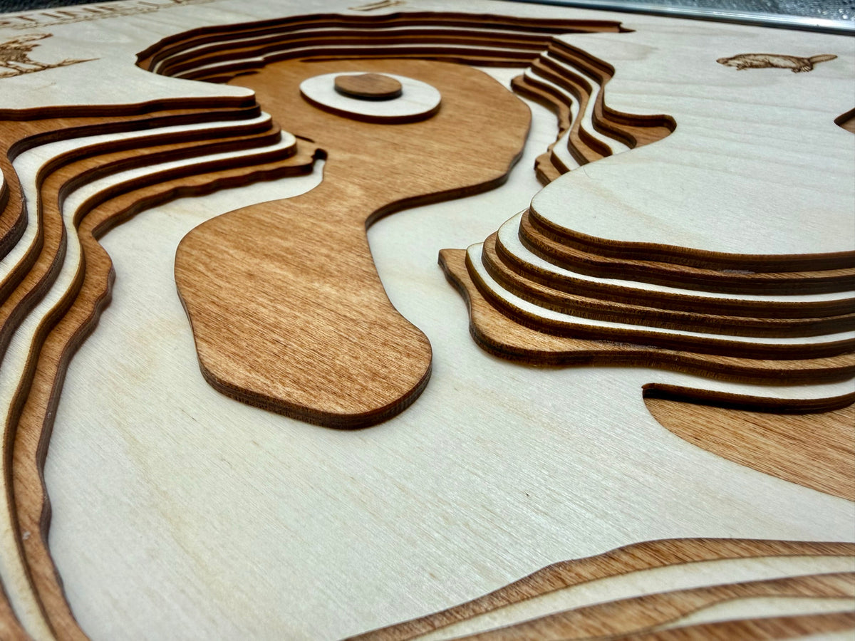 Christine Lake depth map detail – layered Baltic Birch, laser cut | Laser Lakes