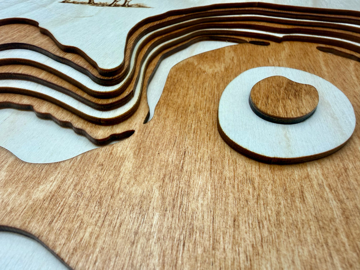 Christine Lake depth map detail – layered Baltic Birch, laser cut | Laser Lakes