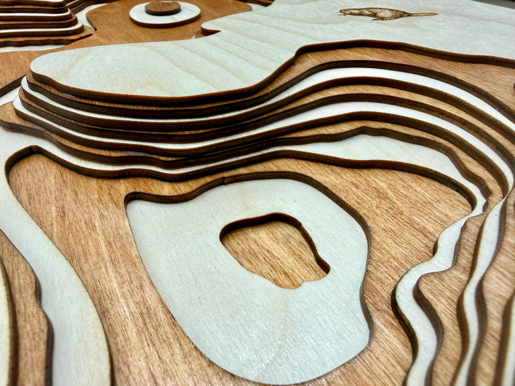 Christine Lake depth map detail – layered Baltic Birch, laser cut | Laser Lakes