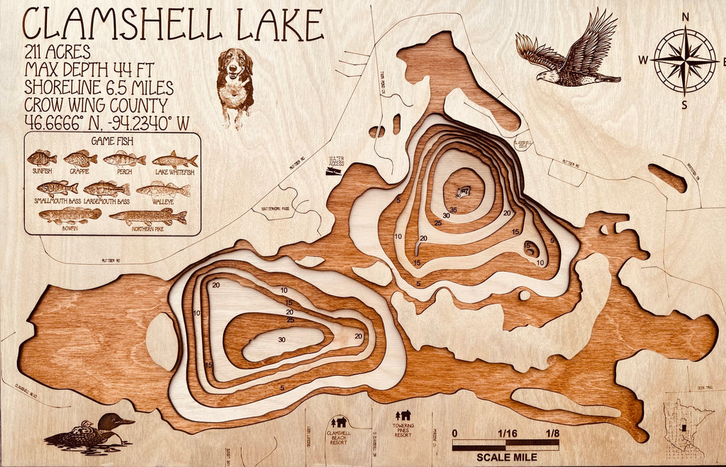Clamshell Lake – gift from friends – Crow Wing County depth map by Laser Lakes