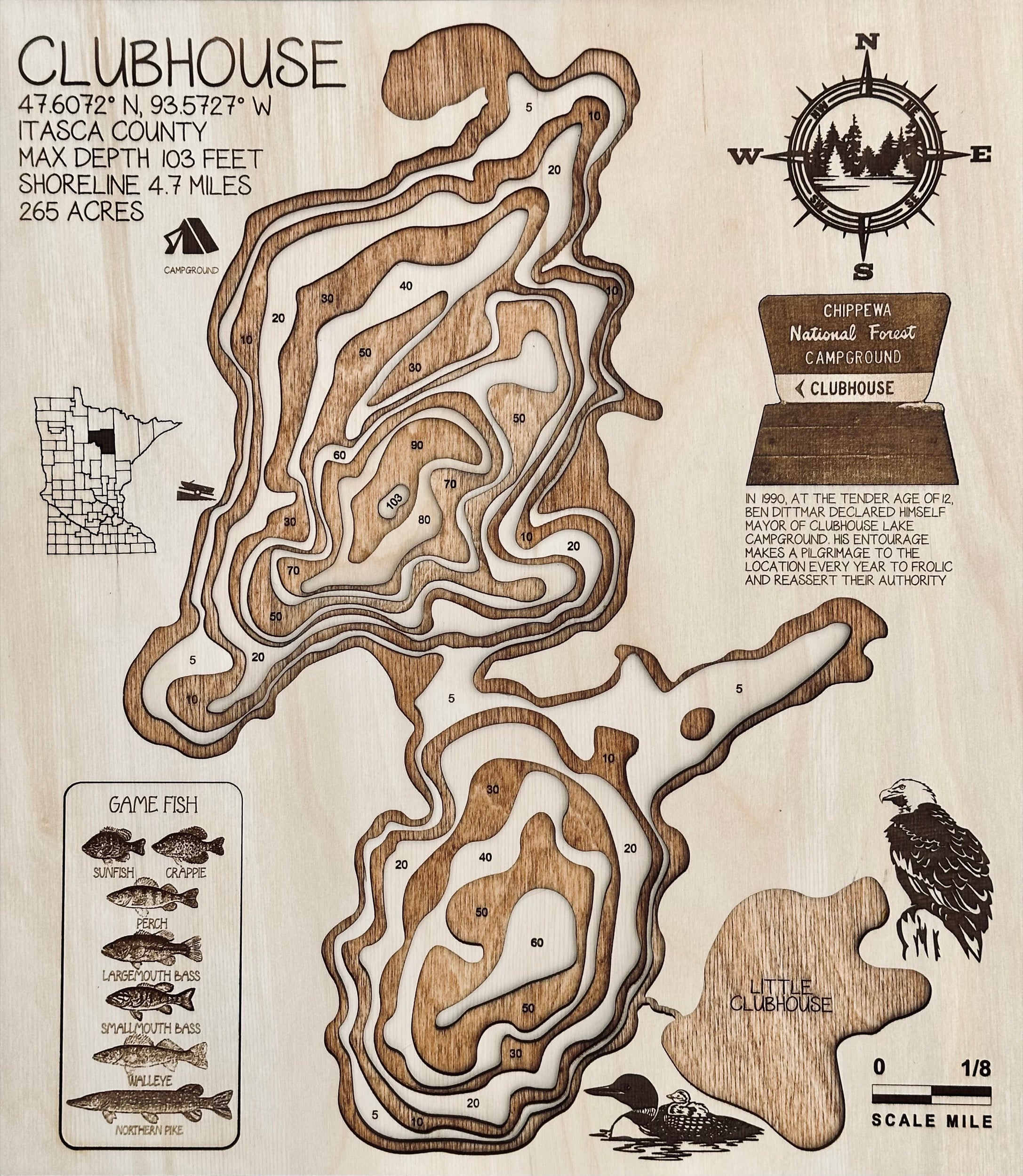 Clubhouse Lake – brother Ben's favorite – Itasca County depth map by Laser Lakes
