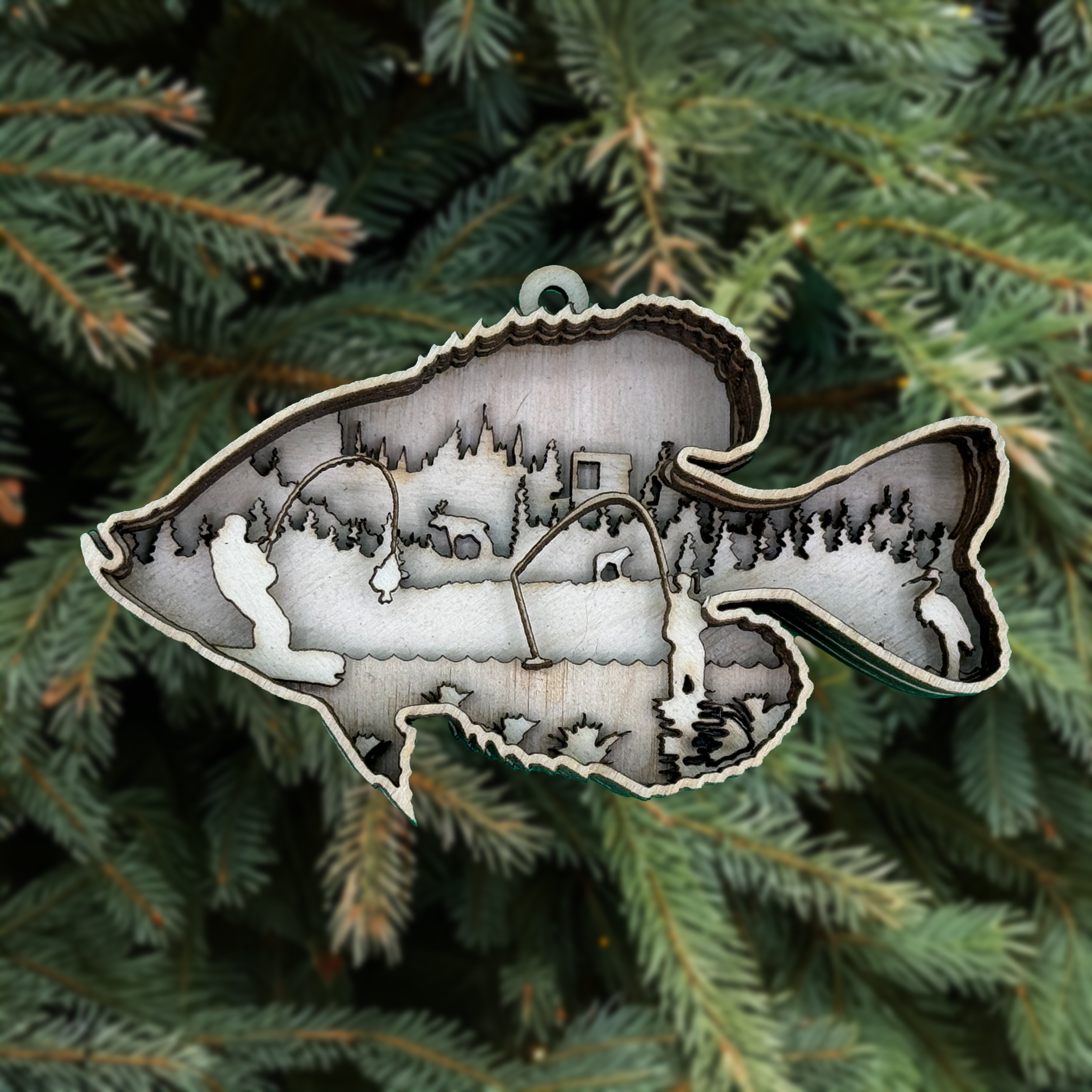 Crappie fish in tree setting – multilayer laser cut wood ornament by Laser Lakes