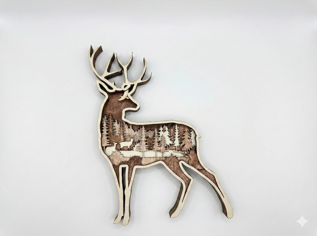 Deer in the Woods detail: dimensional layering revealing craftsmanship and detail