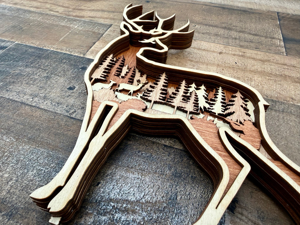 Deer in the Woods detail: layered wood showing depth and dimensional precision