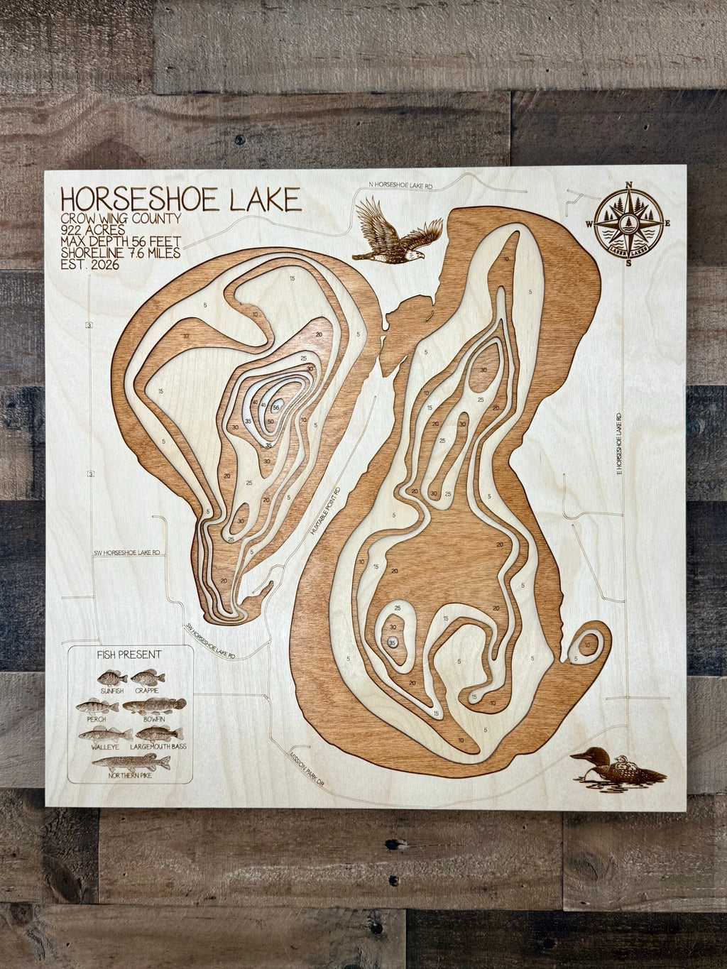 Horseshoe Lake Map – Crow Wing County, Minnesota – Laser Cut Wood Lake Depth Map | Laser Lakes