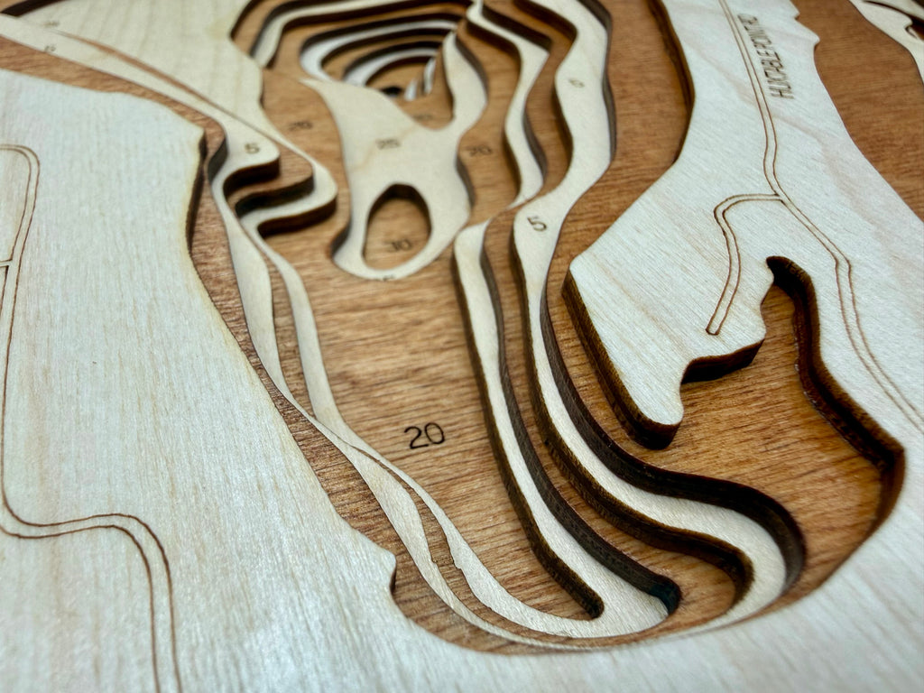 Horseshoe Lake depth map detail – layered Baltic Birch, laser cut | Laser Lakes