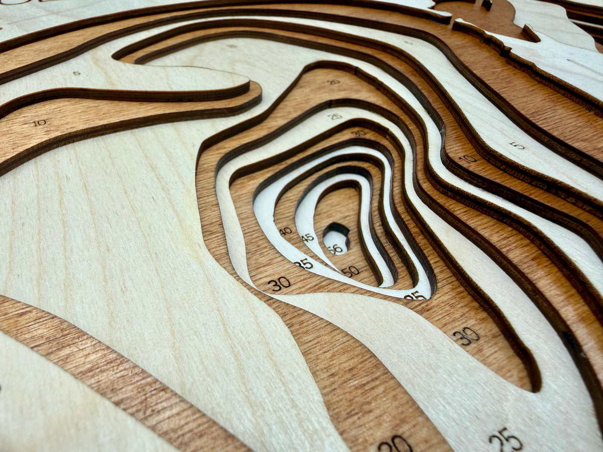 Horseshoe Lake depth map detail – layered Baltic Birch, laser cut | Laser Lakes