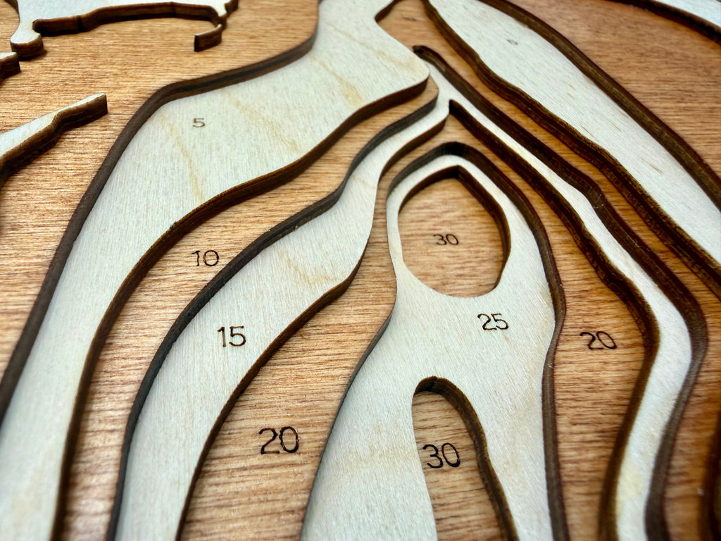 Horseshoe Lake depth map detail – layered Baltic Birch, laser cut | Laser Lakes