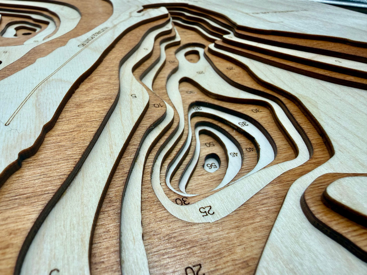 Horseshoe Lake depth map detail – layered Baltic Birch, laser cut | Laser Lakes