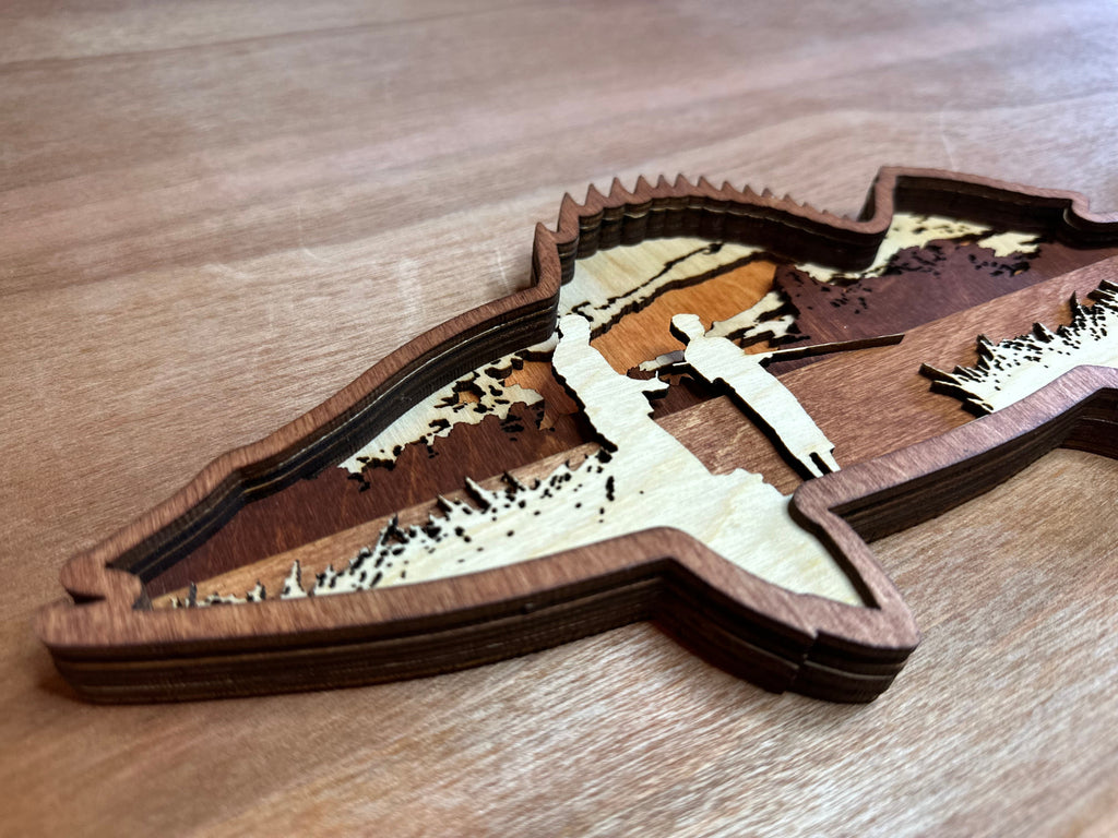 Walleye detail: layered wood revealing dimensional depth and craftsmanship