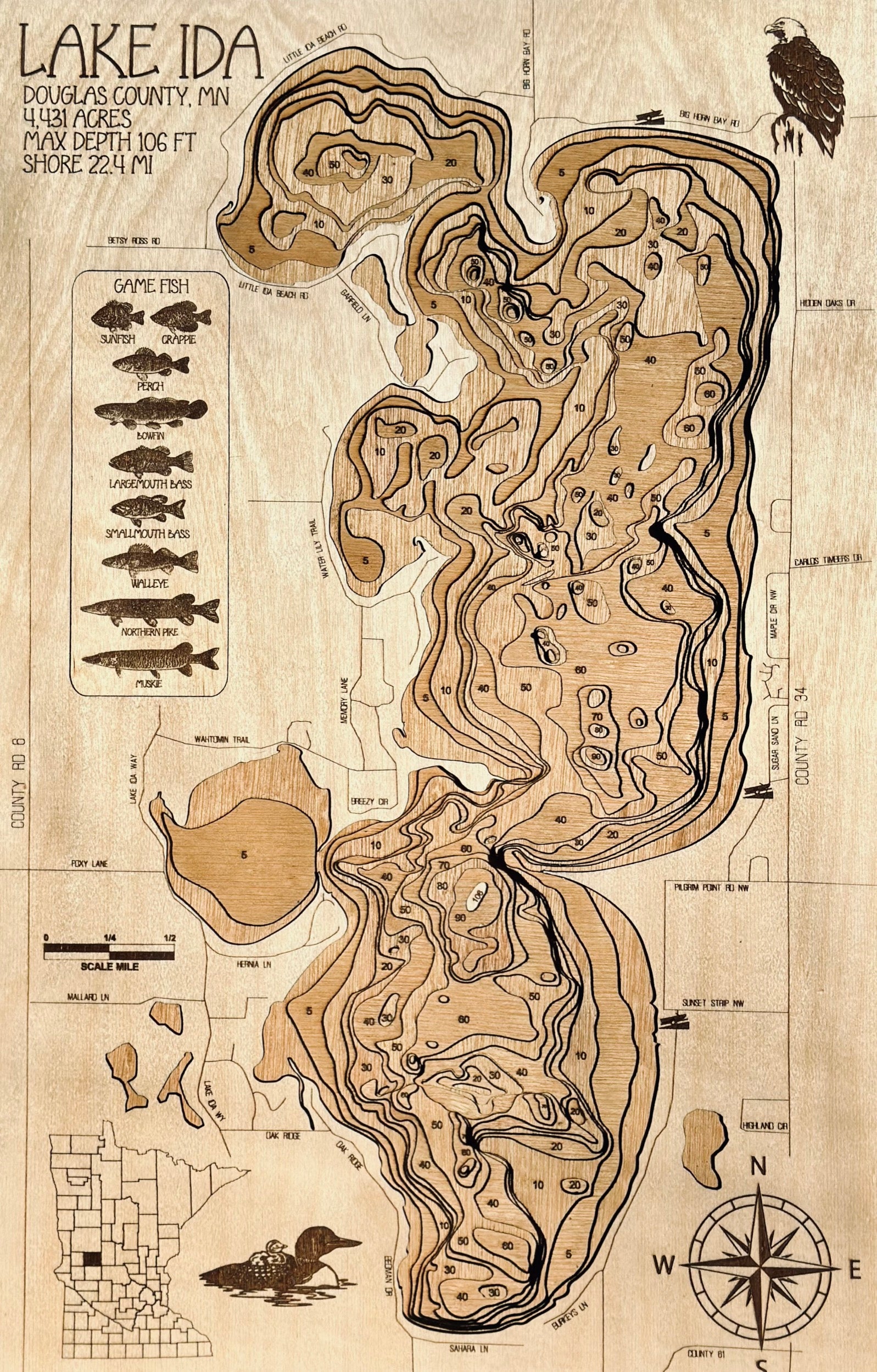Ida Lake – 106 feet deep – Douglas County – depth map by Laser Lakes