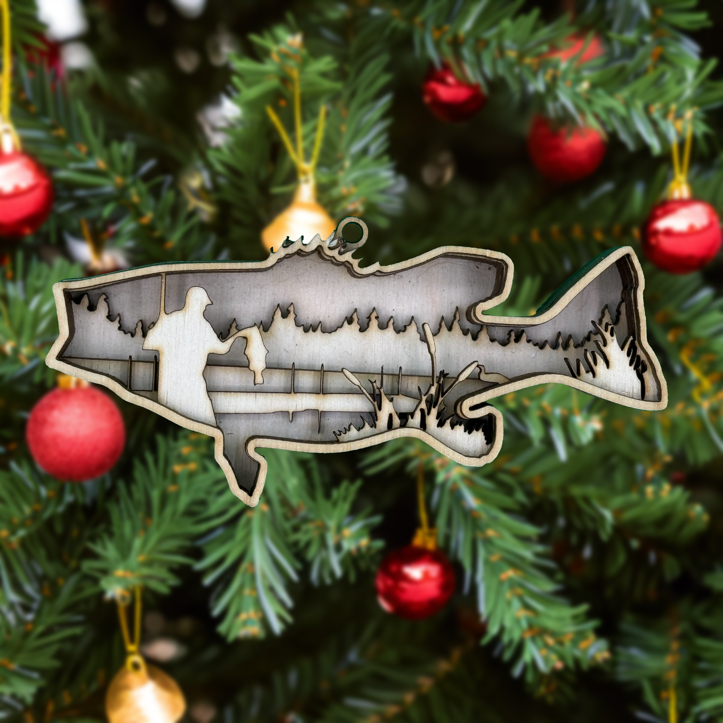 Largemouth bass in tree – favorite Minnesota fish in laser cut wood ornament by Laser Lakes