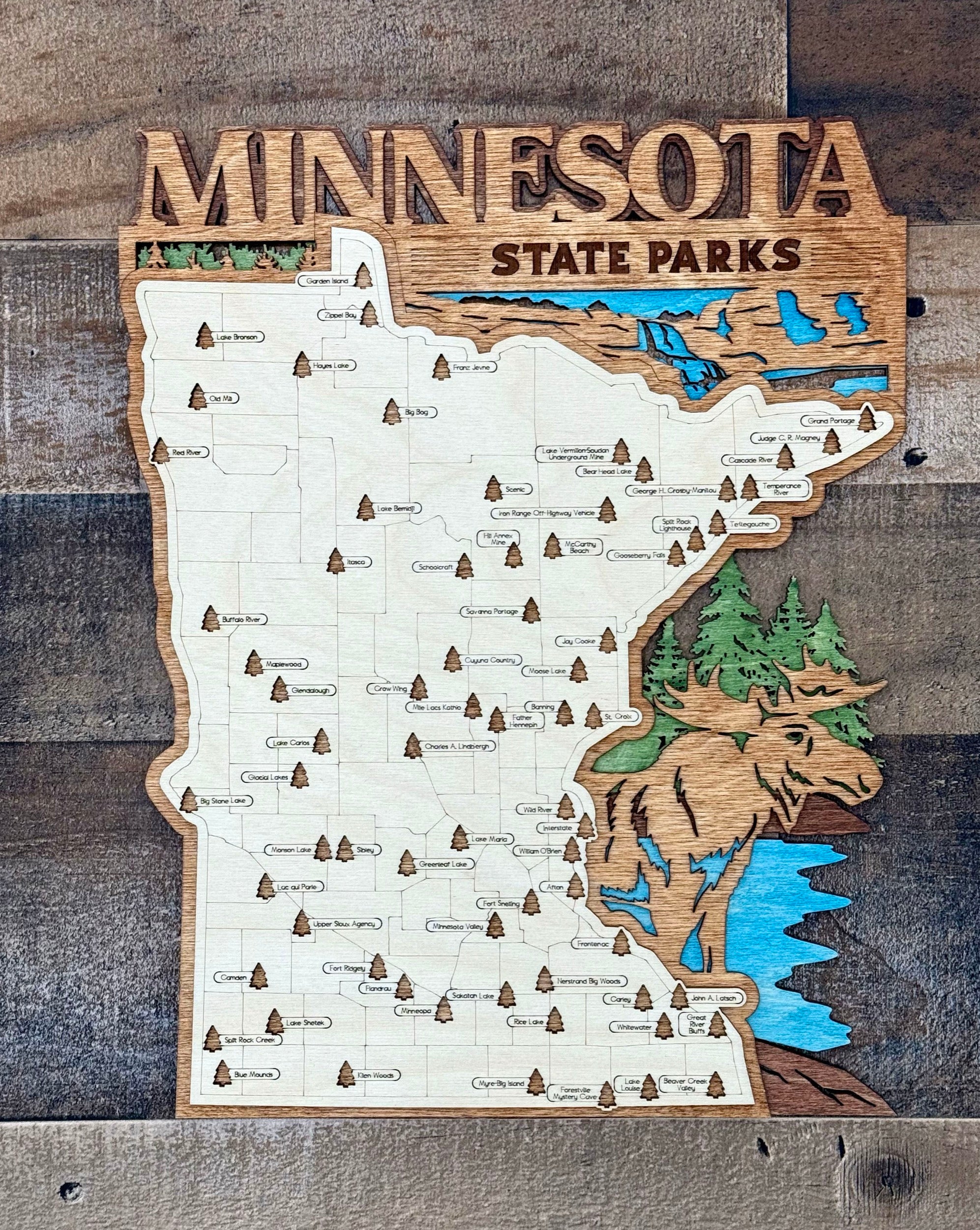 Minnesota State Parks Map laser-cut multilayer wood topographic guide