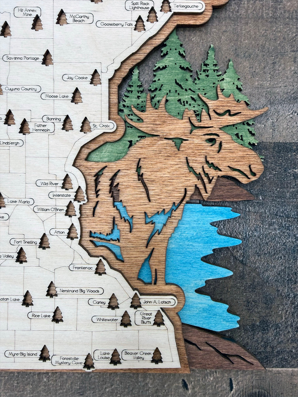 Minnesota State Parks Map wooden laser-engraved topographic features and locations