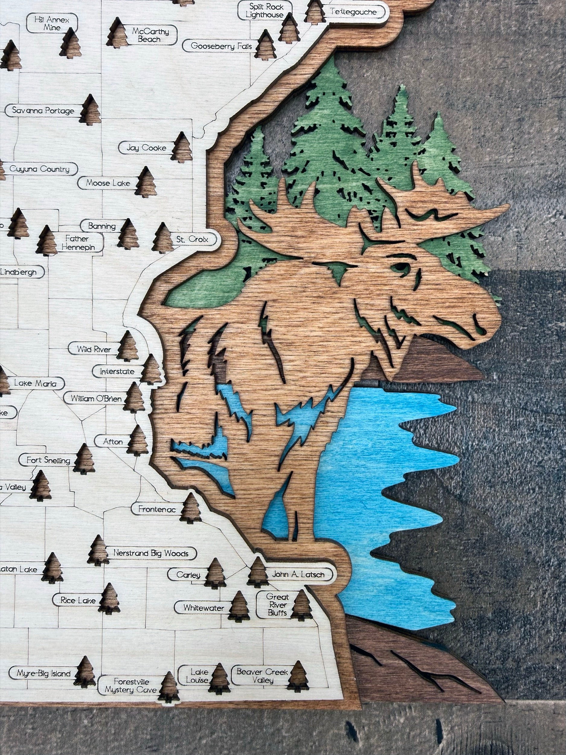 Minnesota State Parks Map wooden laser-engraved topographic features and locations