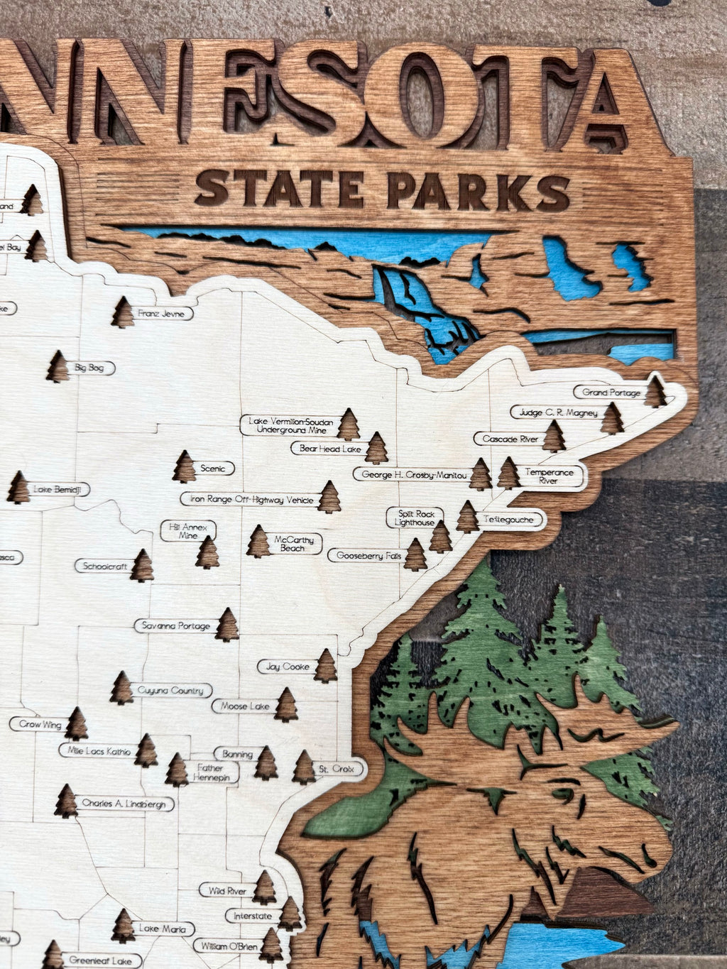 Minnesota State Parks Map multilayer wood topographic map with state park designations