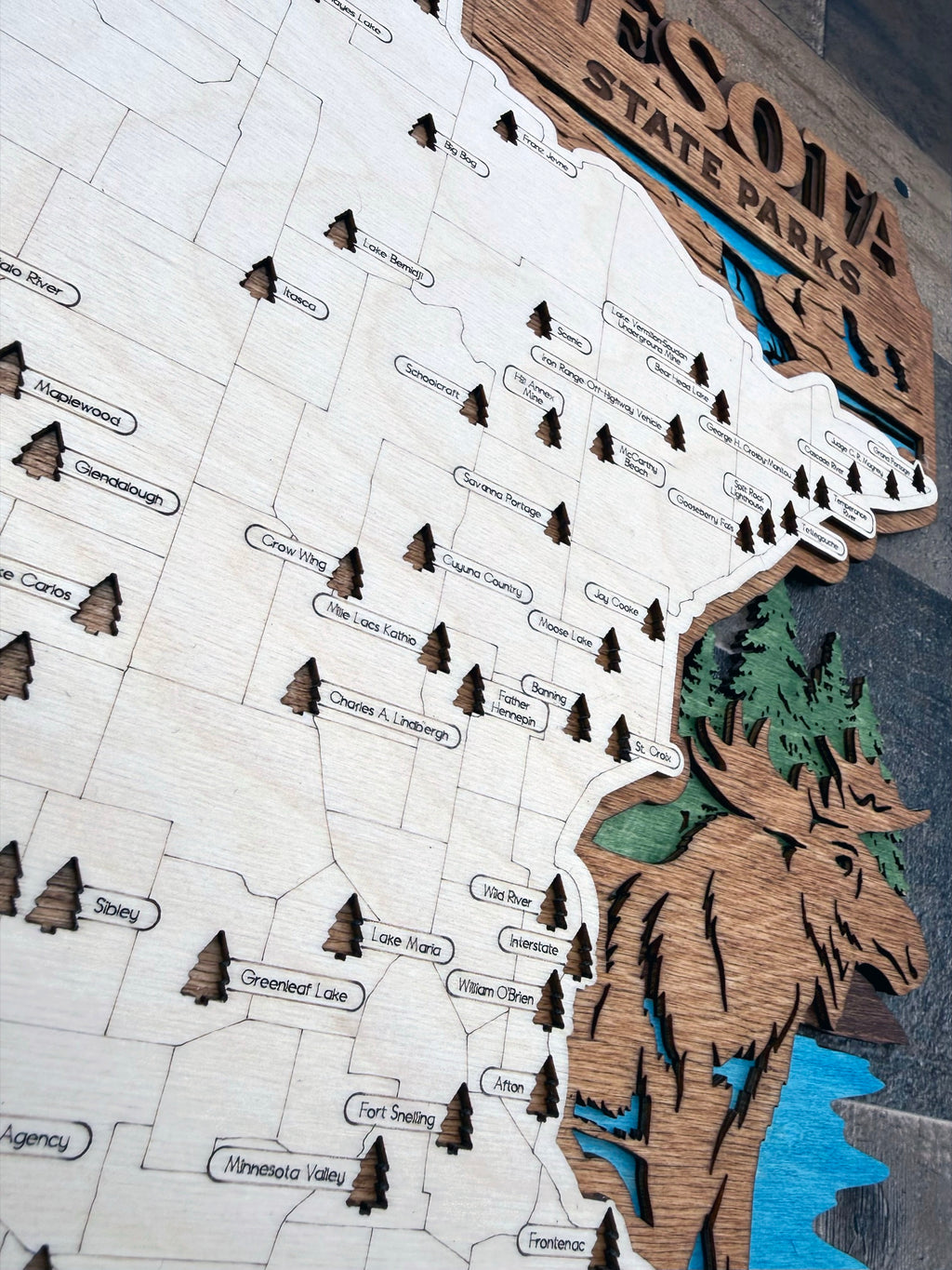 Minnesota State Parks Map 3D laser-cut wood map showing park locations and terrain
