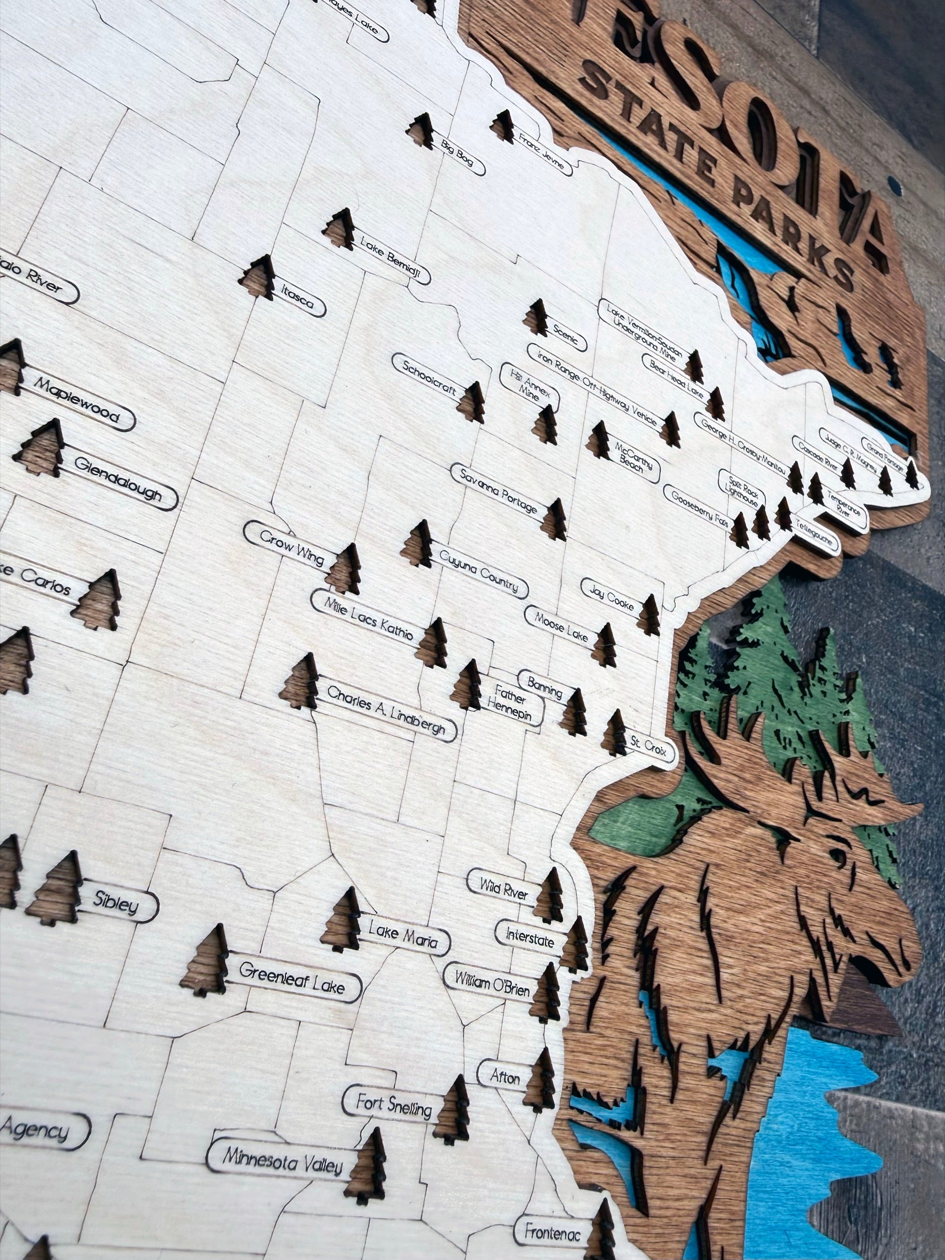 Minnesota State Parks Map 3D laser-cut wood map showing park locations and terrain