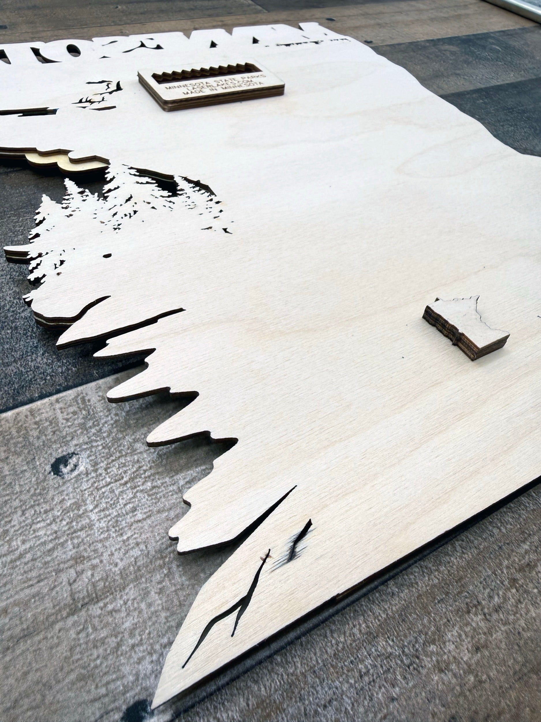 Minnesota State Parks Map detail view of laser-cut wood topographic design