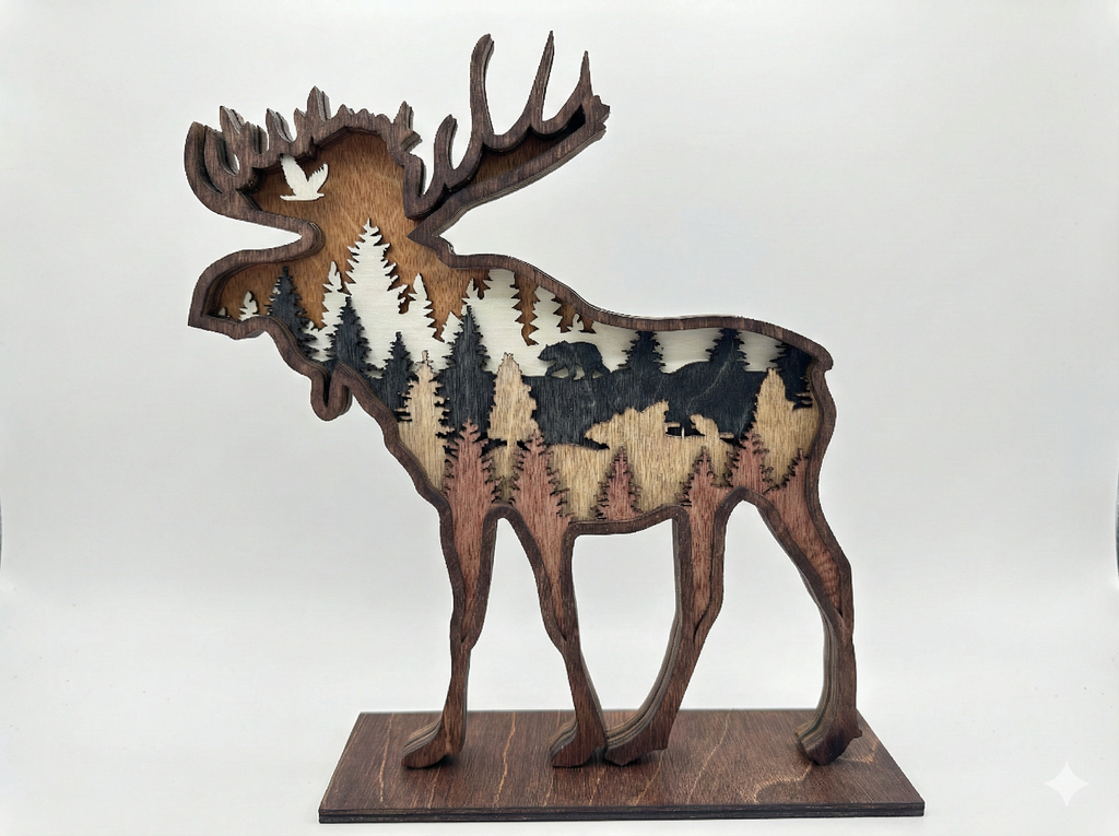Moose and bear sharing a forest moment with beaver – multilayer laser cut wood art by Laser Lakes