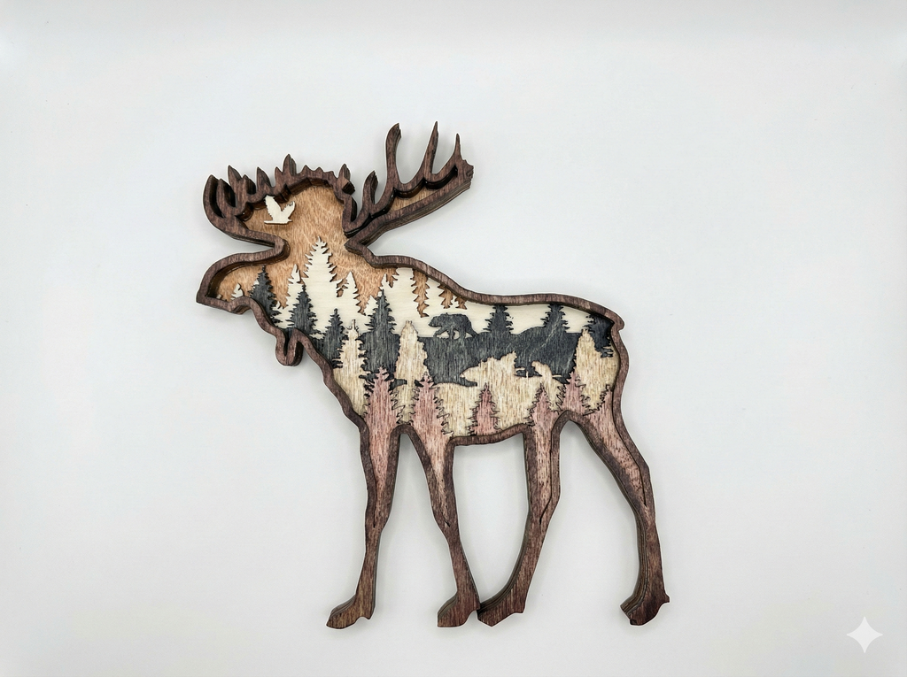 Moose and Bear detail: fine laser-cut detail showing the animals and forest texture