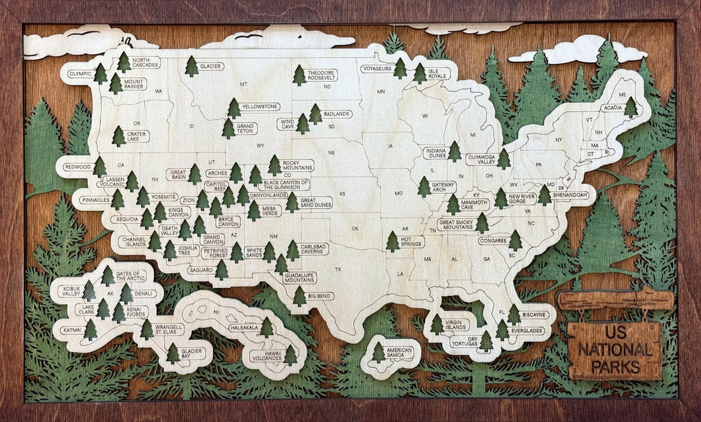 National Parks Map webp image of laser-cut multilayer wood topographic design