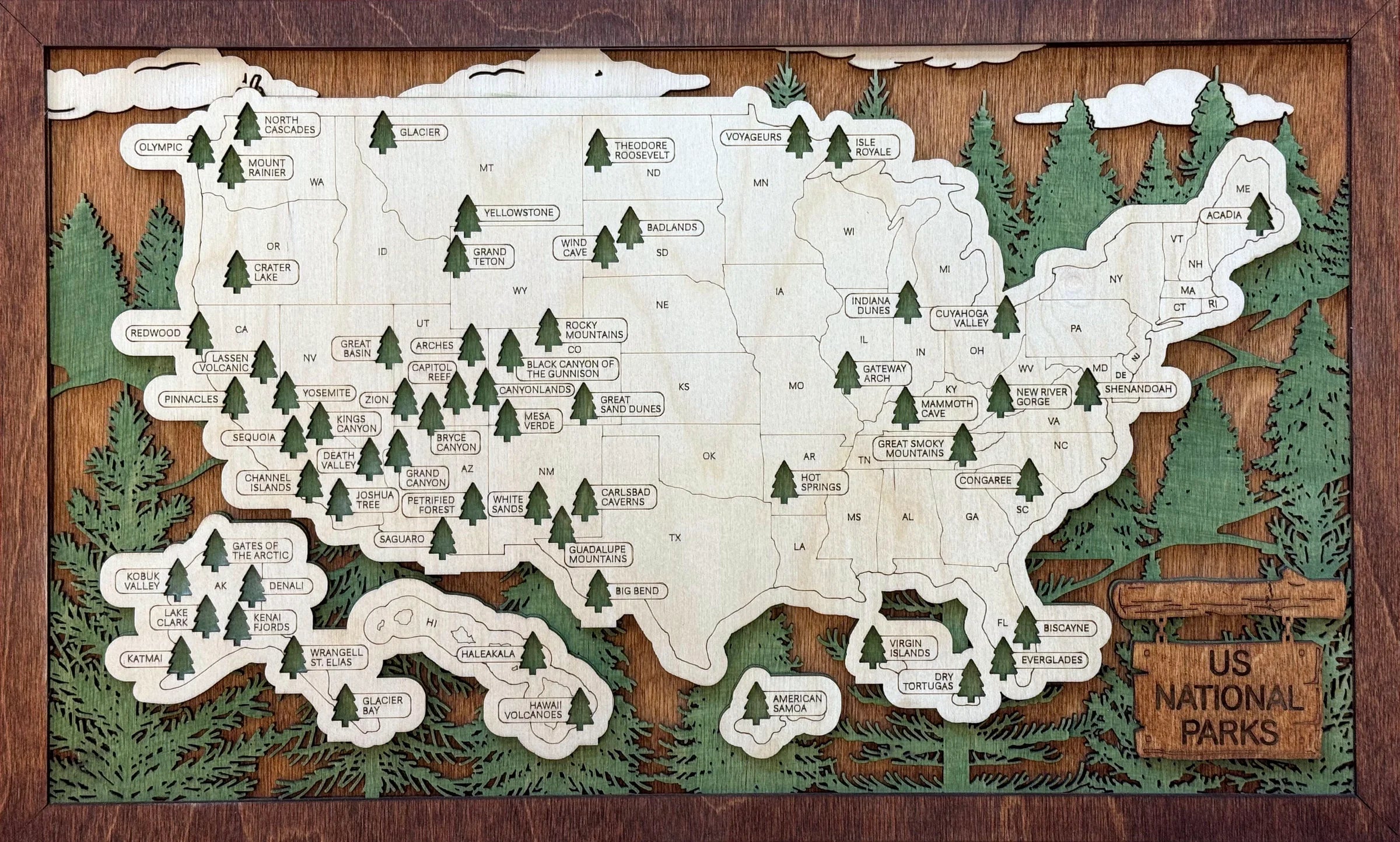 National Parks Map webp image of laser-cut multilayer wood topographic design