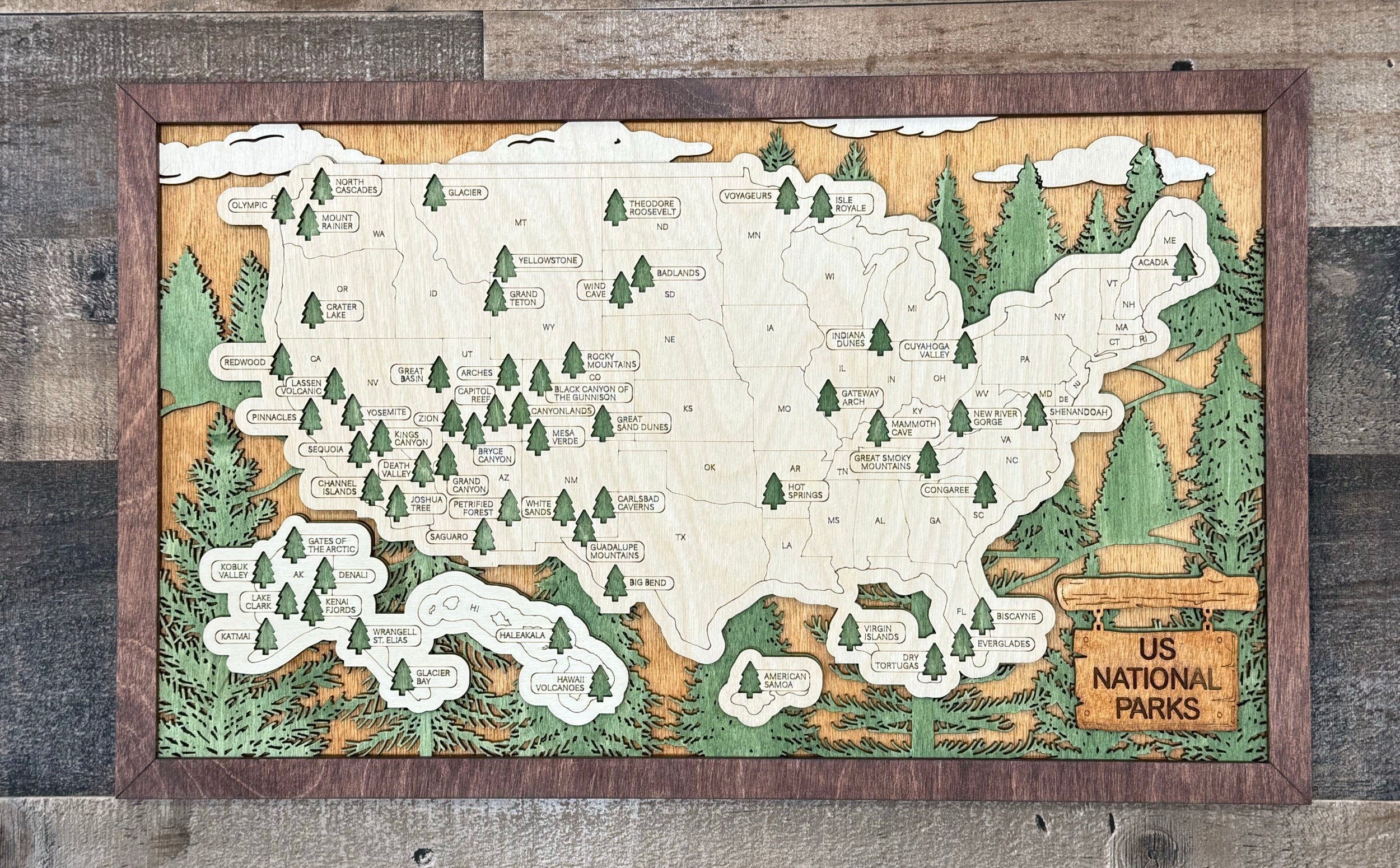 National Parks Map laser-cut multilayer wood topographic guide of US parks