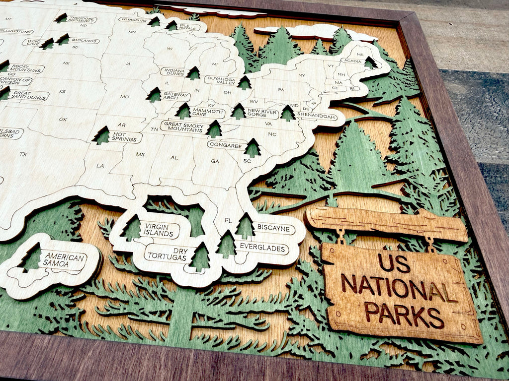 National Parks Map 3D laser-cut wood map showing national parks across United States