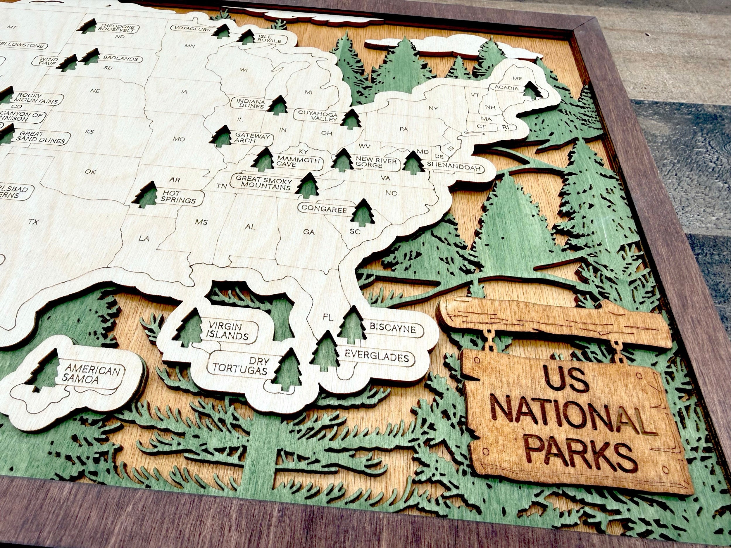 National Parks Map 3D laser-cut wood map showing national parks across United States