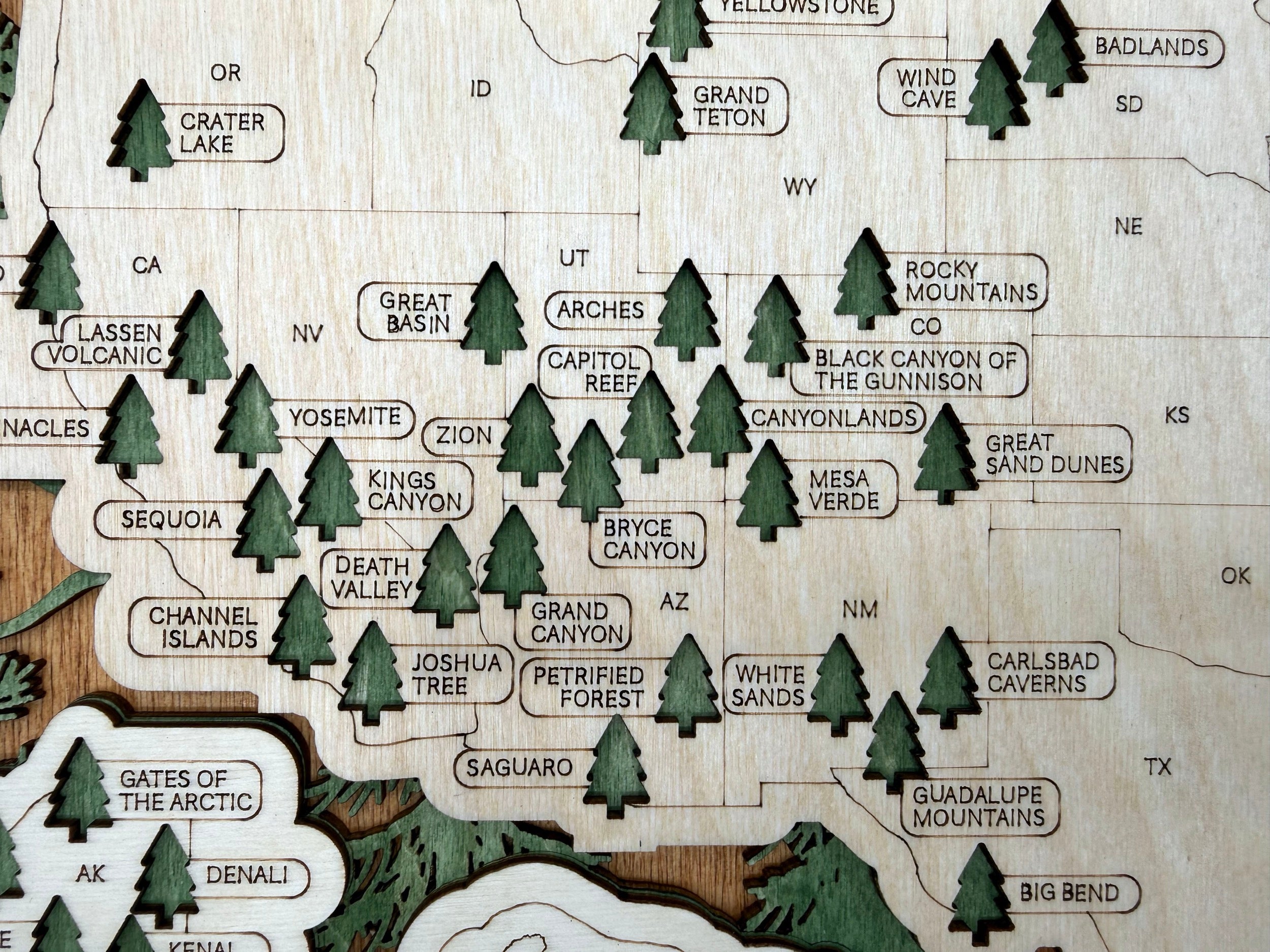 National Parks Map wooden laser-engraved topographic features and park locations