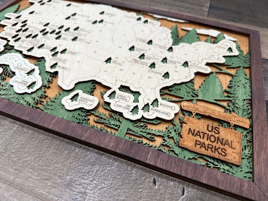 National Parks Map layered wood topographic map with USA national park designations