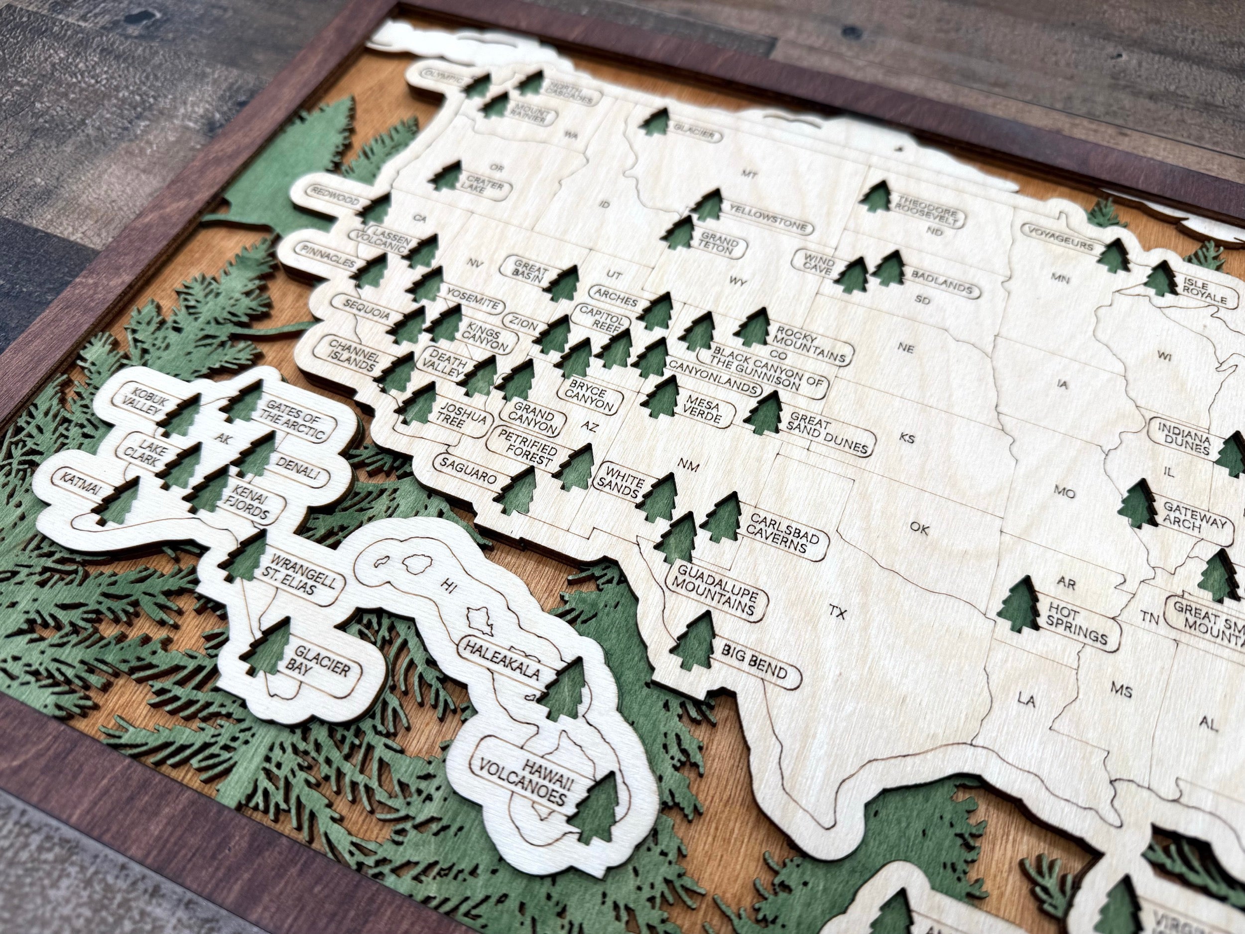 National Parks Map detail view of laser-cut wood topographic mountain relief