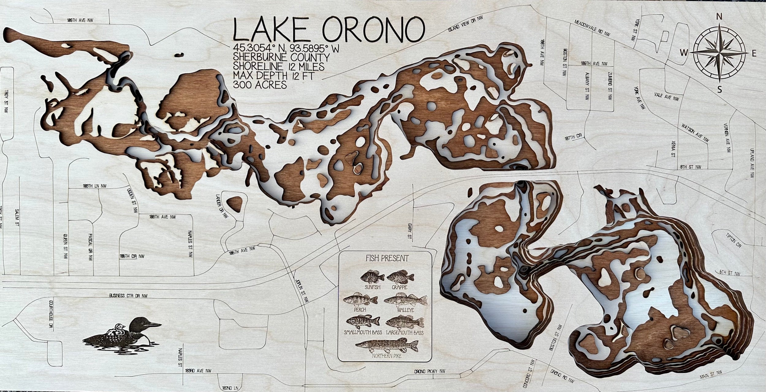 Orono Lake Brian Sherburne County Minnesota laser-cut wood topographic depth map