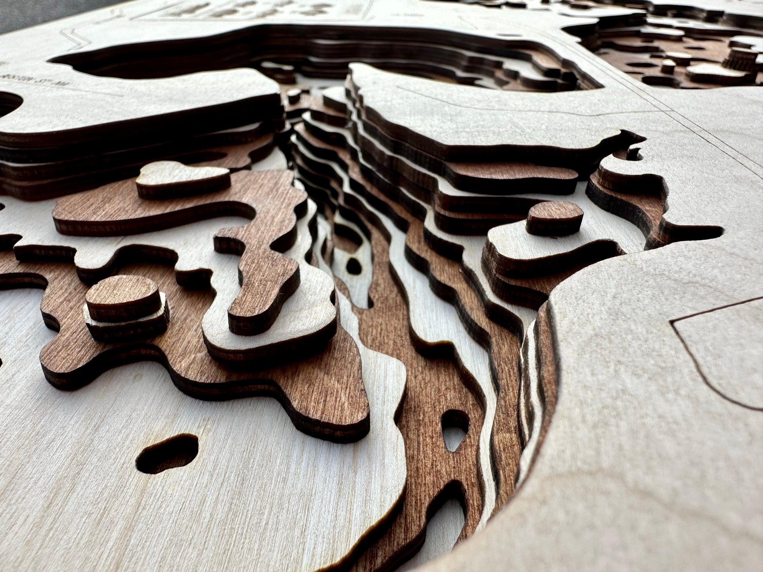 Orono Lake topographic map showing laser-engraved depth contours in wood