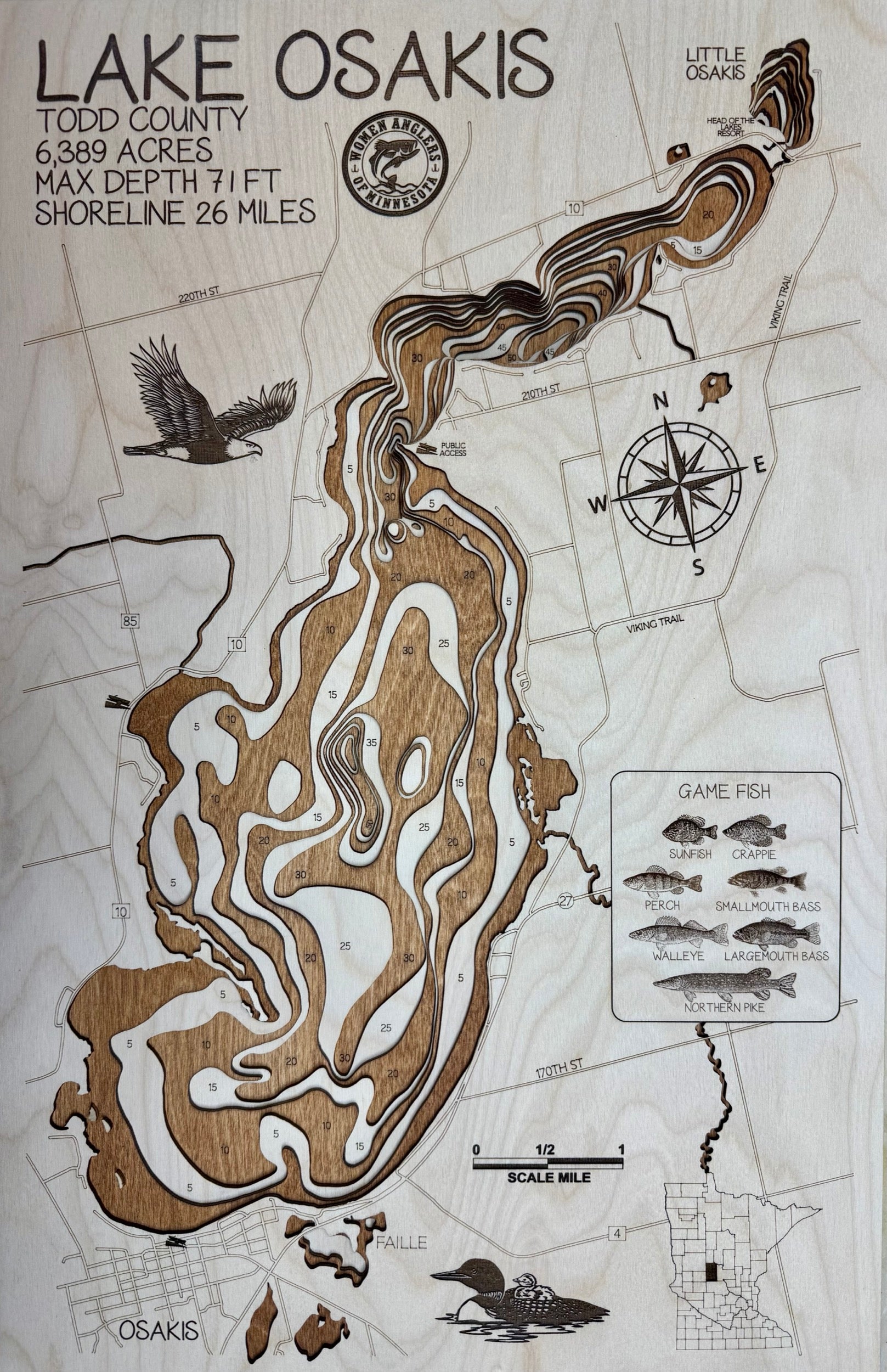 Osakis Lake Todd County Minnesota laser-cut wood topographic depth map