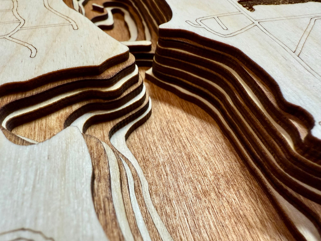 Ossawinnamakee Lake Minnesota 3D wood bathymetric map with engraved depth contours