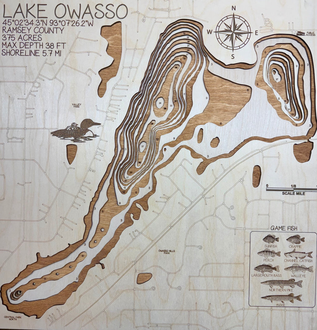 Owasso Lake Ramsey County Minnesota laser-cut wood topographic depth map