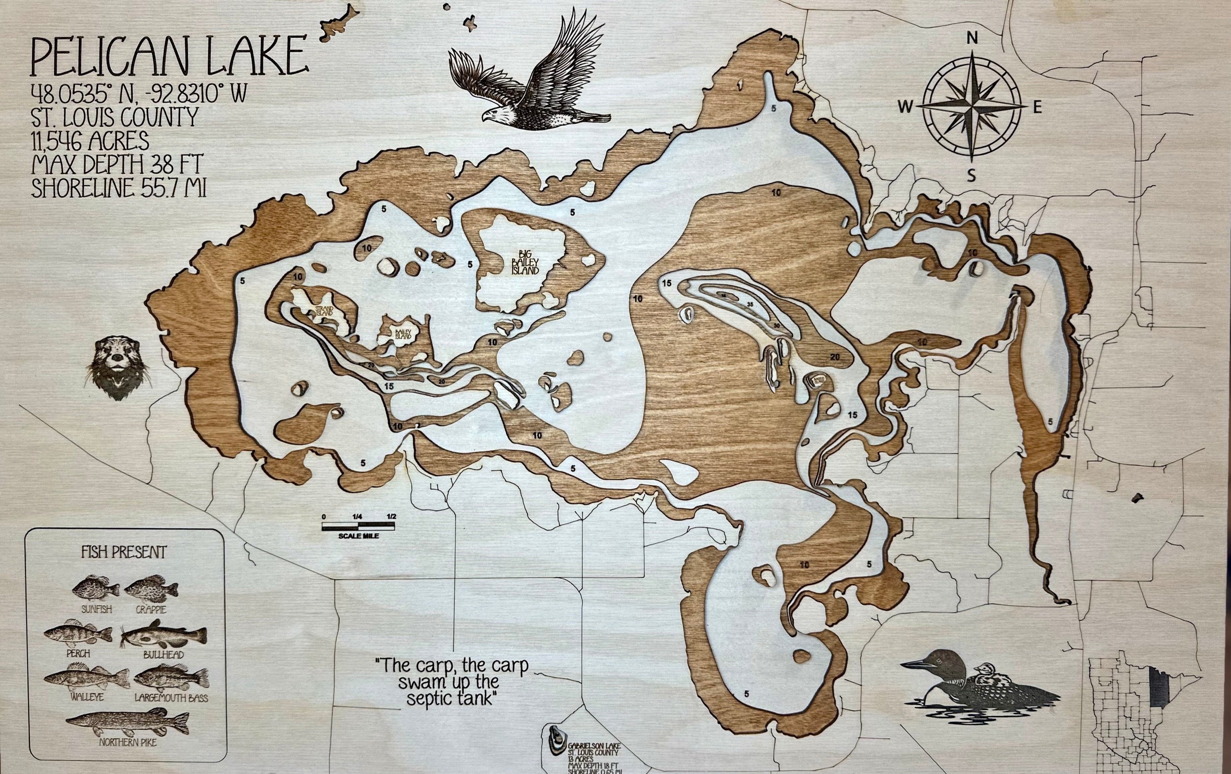 Pelican Lake near Orr St. Louis County Minnesota laser-cut wood topographic map